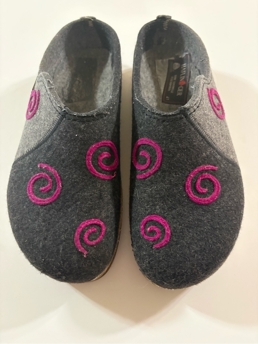 Haflinger size 41 Gray Felt Mules with Pink Spiral Embroidery